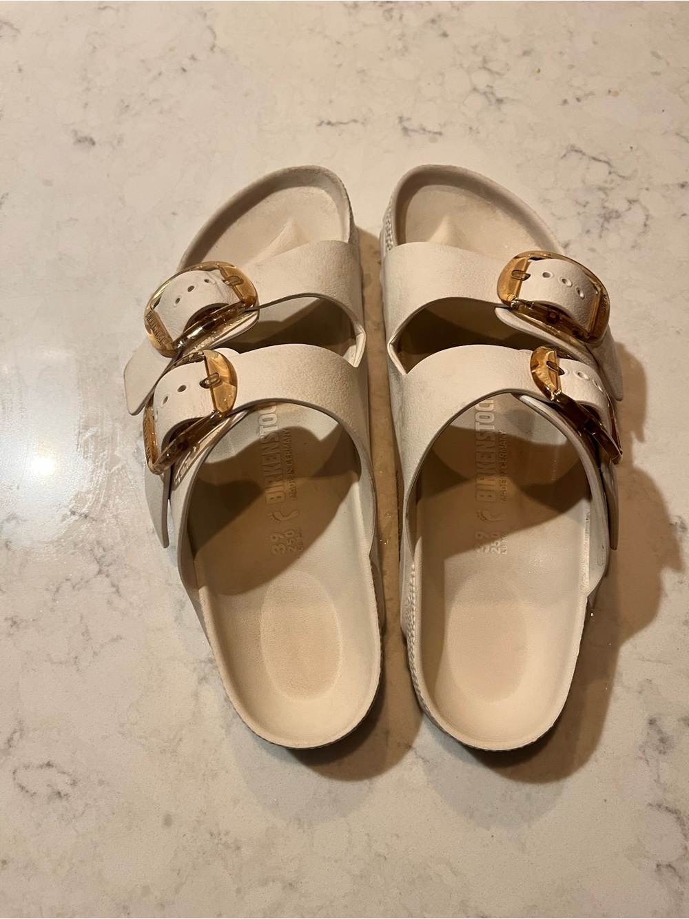 White Birkenstock Arizona EVA foam sandals luxe gold buckle- size 39